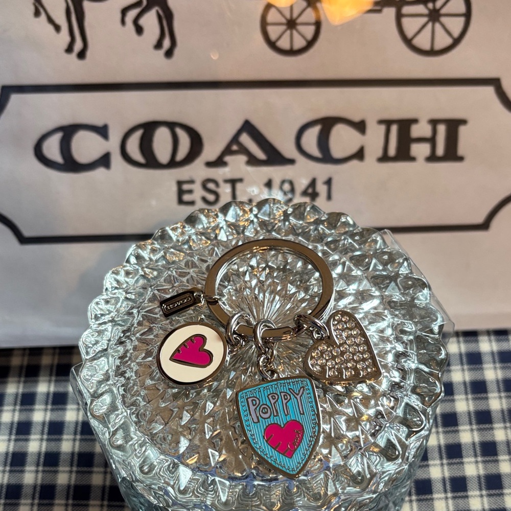 Coach vintage Silver Tone poppy Keyring with Pink & Turquoise Enamel Charms